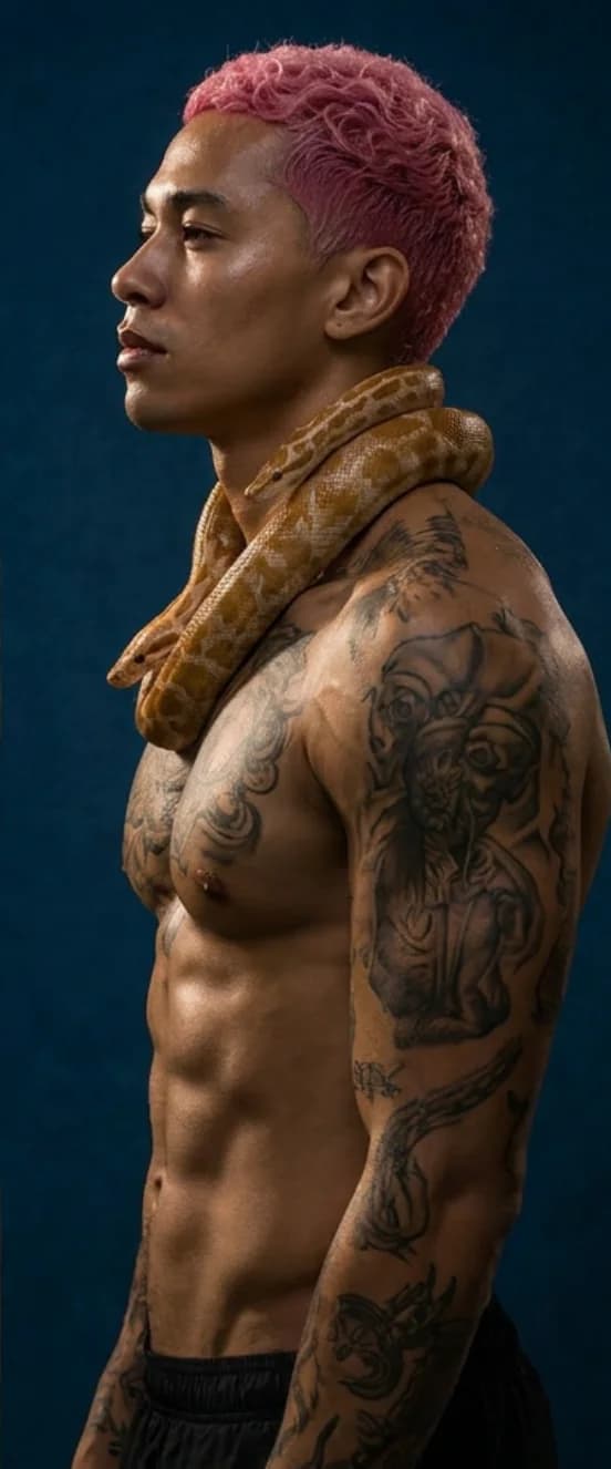 MYTH, The Showman — figura tatuada de pelo rosa con serpiente, cuerpo entero
