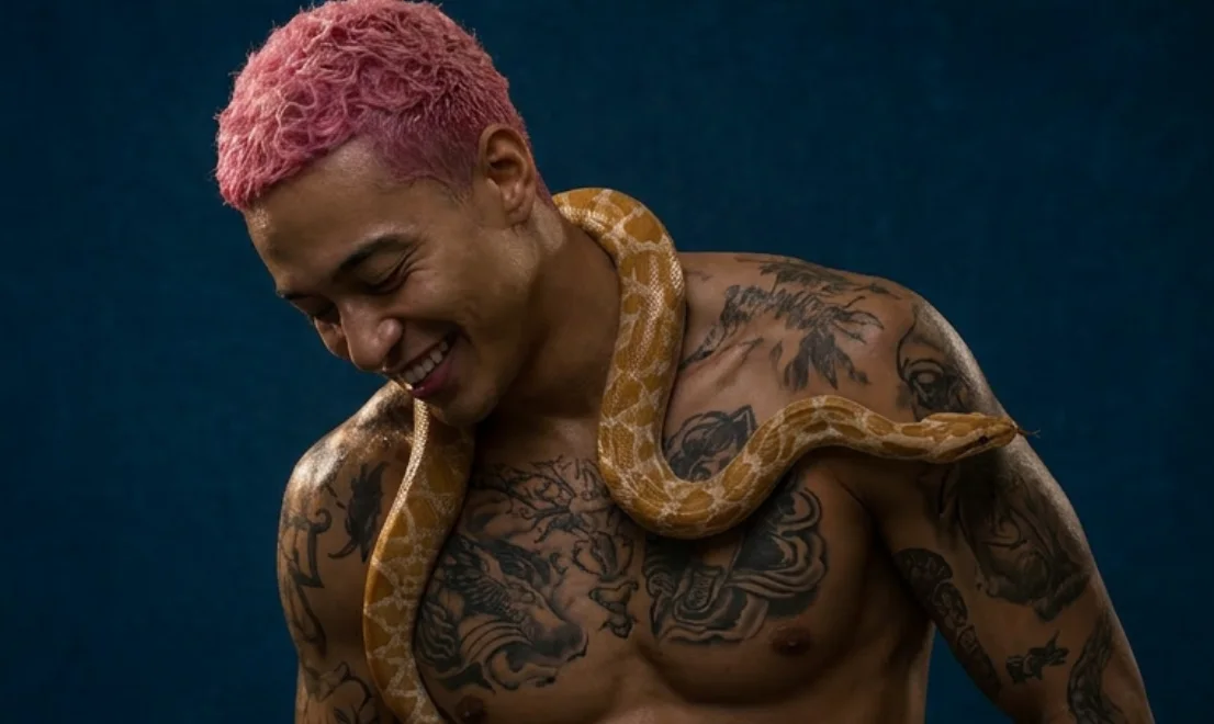 MYTH sonriendo con la serpiente sobre los hombros