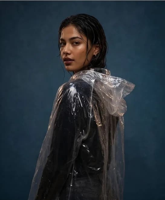 VOID, The Phantom — mujer de mirada enigmática con impermeable translúcido, de espaldas girando el rostro